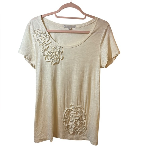 J Crew cotton and silk 3D flower tee short sleeve ivory medium Y2K - Picture 1 of 9